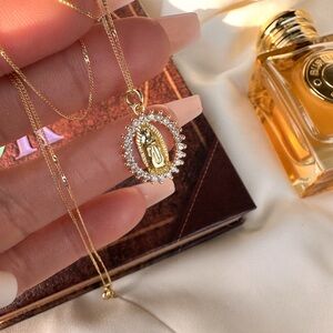 Gold Virgin Mary Pendant Necklace with Crystal Halo - Gold